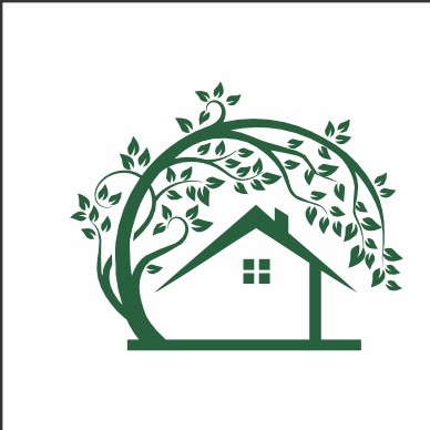 A stylized green house silhouette, surrounded by a tree with leaves growing from it in a stylized arch.